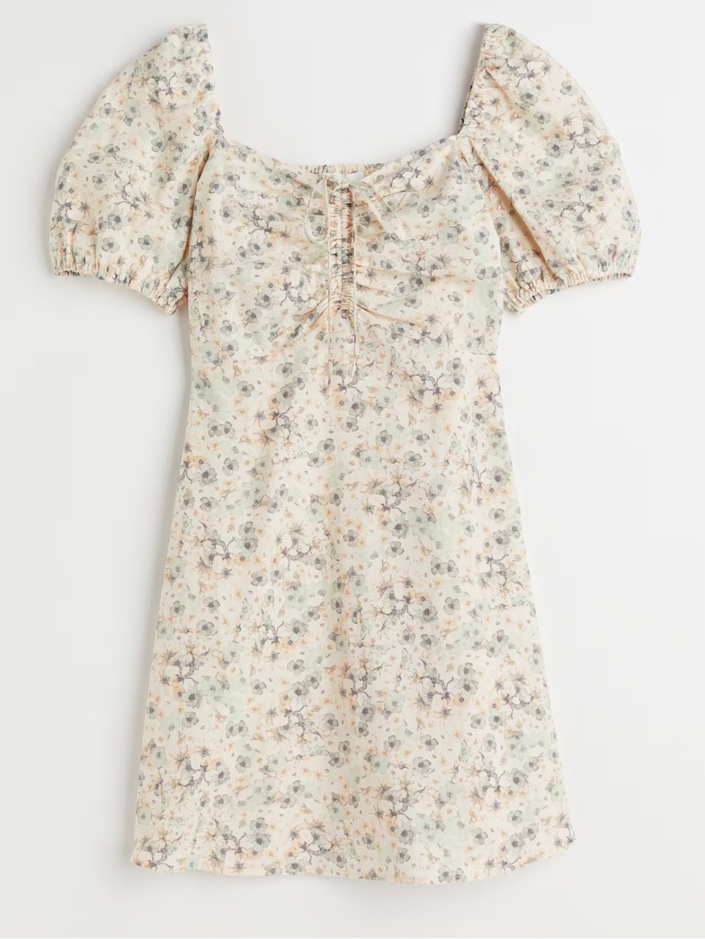 H&M Linen Cotton Floral Puff-Sleeve Mini Dress XSMALL